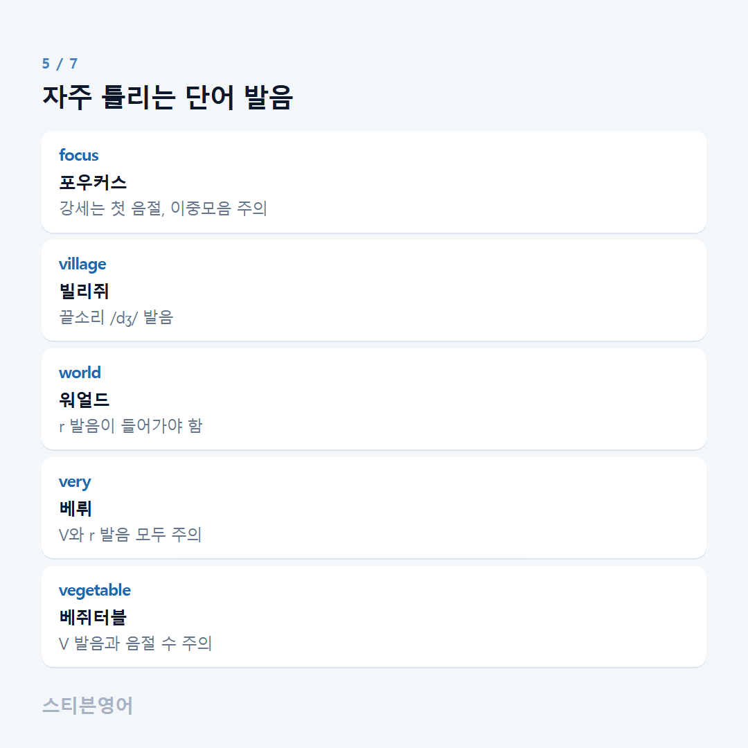 자주 틀리는 단어 발음 — focus, village, world, very, vegetable