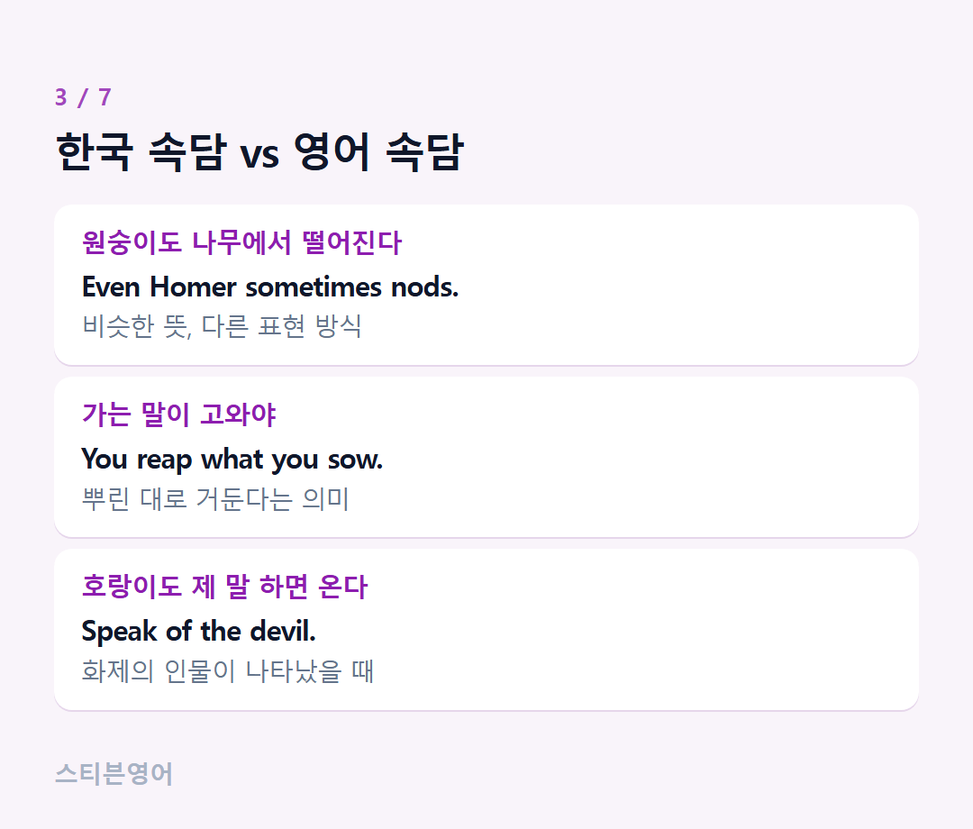 한국 속담 vs 영어 속담 — 원숭이도 나무에서 떨어진다, 가는 말이 고와야, 호랑이도 제 말 하면 온다