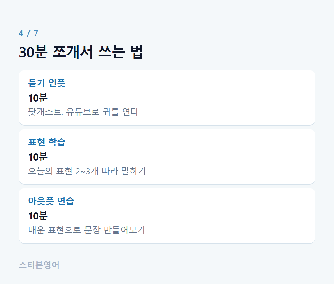 30분 쪼개서 쓰는 법 — 듣기 인풋, 표현 학습, 아웃풋 연습
