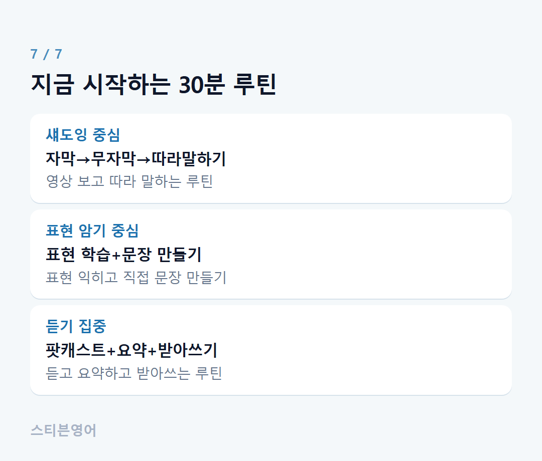 지금 시작하는 30분 루틴 — 섀도잉 중심, 표현 암기 중심, 듣기 집중