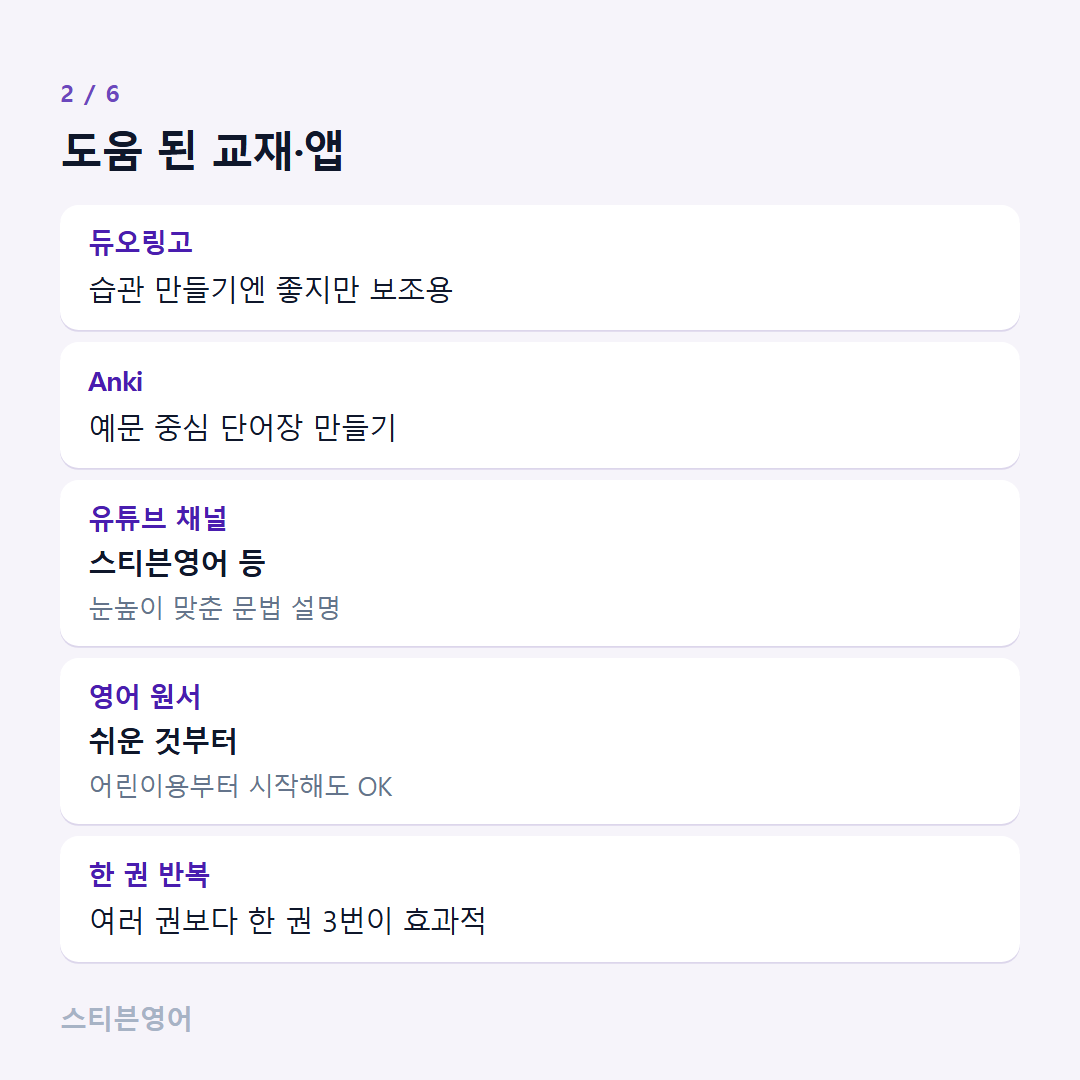 도움 된 교재·앱 — 듀오링고, Anki, 유튜브 채널, 영어 원서, 한 권 반복