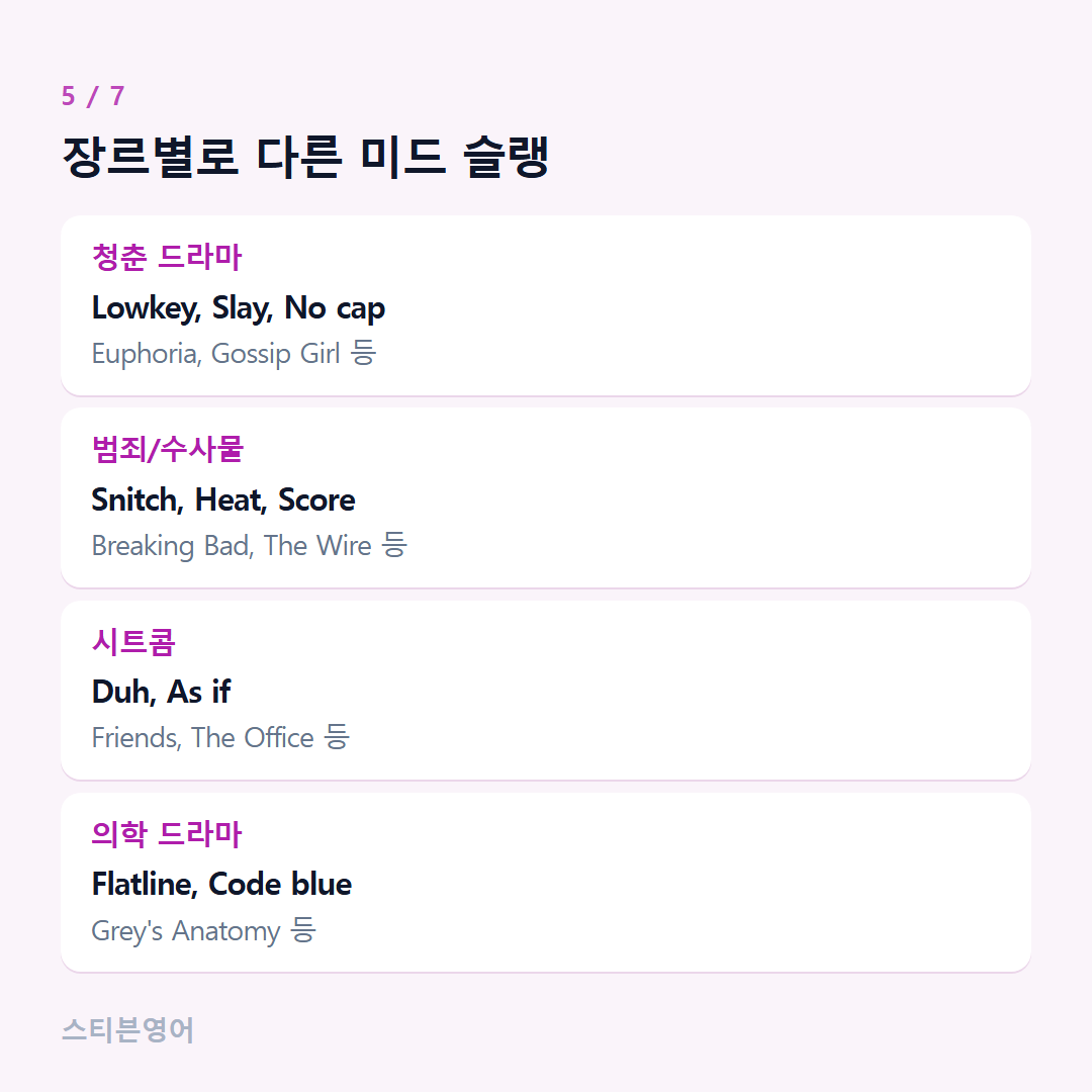 장르별로 다른 미드 슬랭 — 청춘 드라마, 범죄/수사물, 시트콤, 의학 드라마