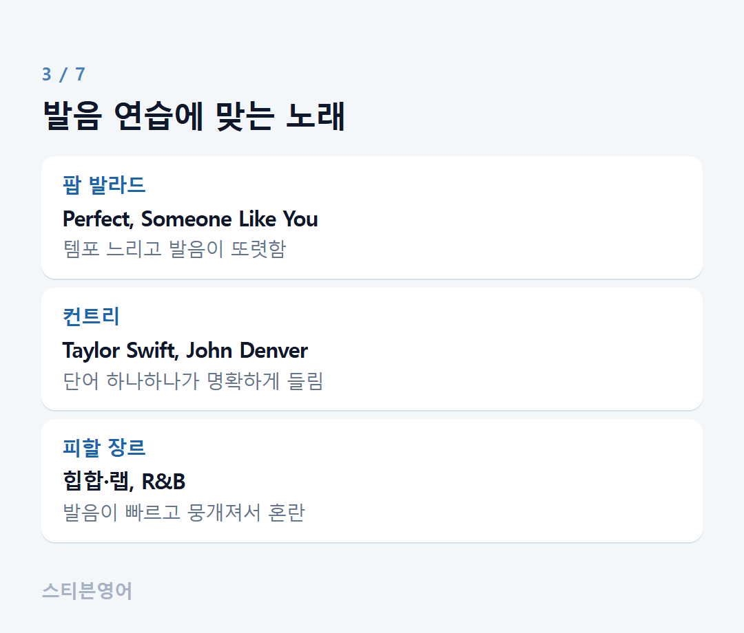 발음 연습에 맞는 노래 — 팝 발라드, 컨트리, 피할 장르