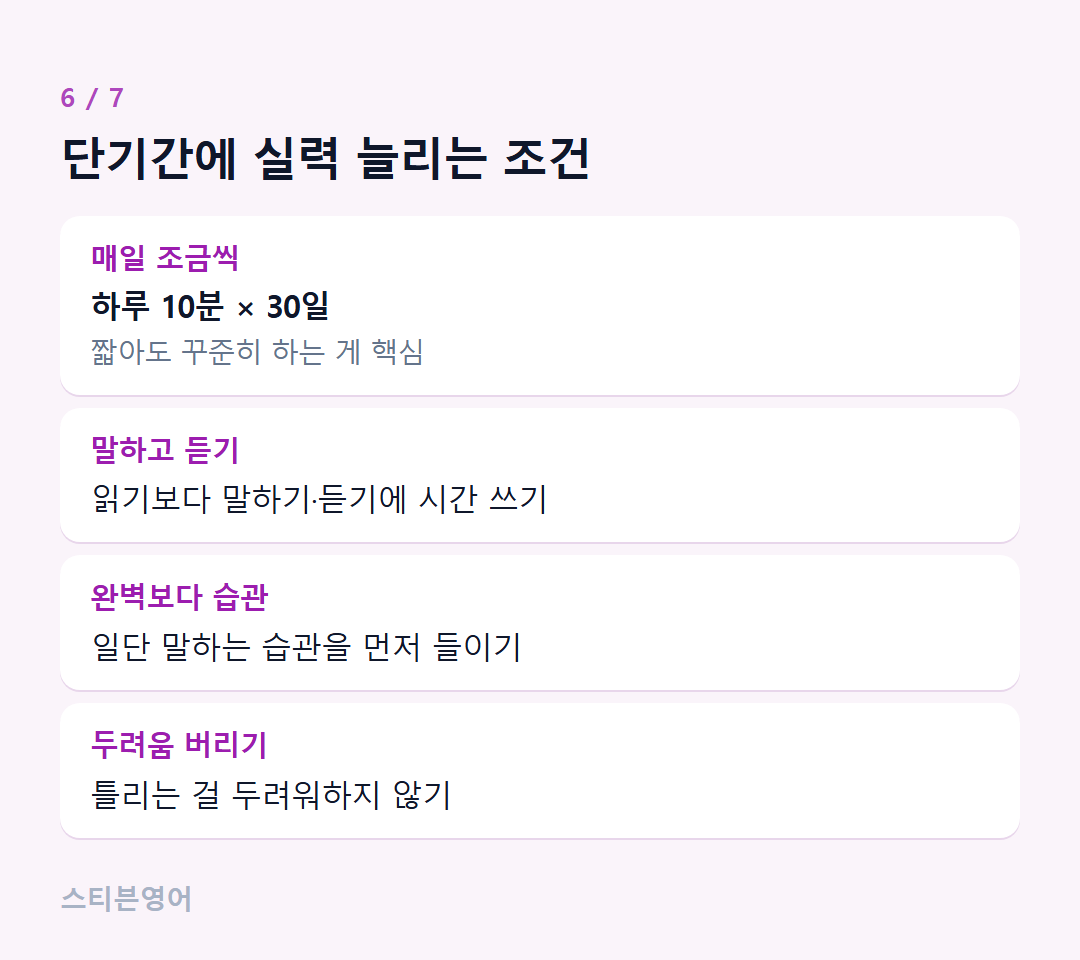 단기간에 실력 늘리는 조건 — 매일 조금씩, 말하고 듣기, 완벽보다 습관, 두려움 버리기