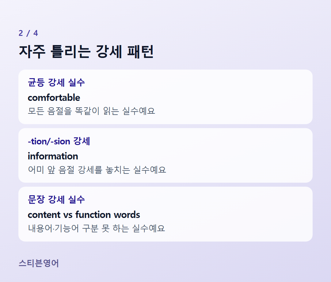 자주 틀리는 강세 패턴 — 균등 강세 실수, -tion/-sion 강세, 문장 강세 실수