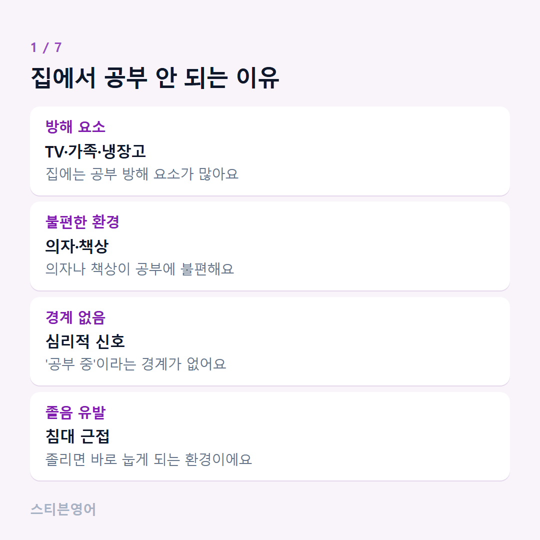 집에서 공부 안 되는 이유 — 방해 요소, 불편한 환경, 경계 없음, 졸음 유발