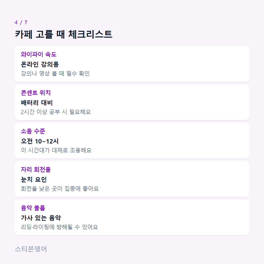 카페 고를 때 체크리스트 — 와이파이 속도, 콘센트 위치, 소음 수준, 자리 회전율, 음악 볼륨