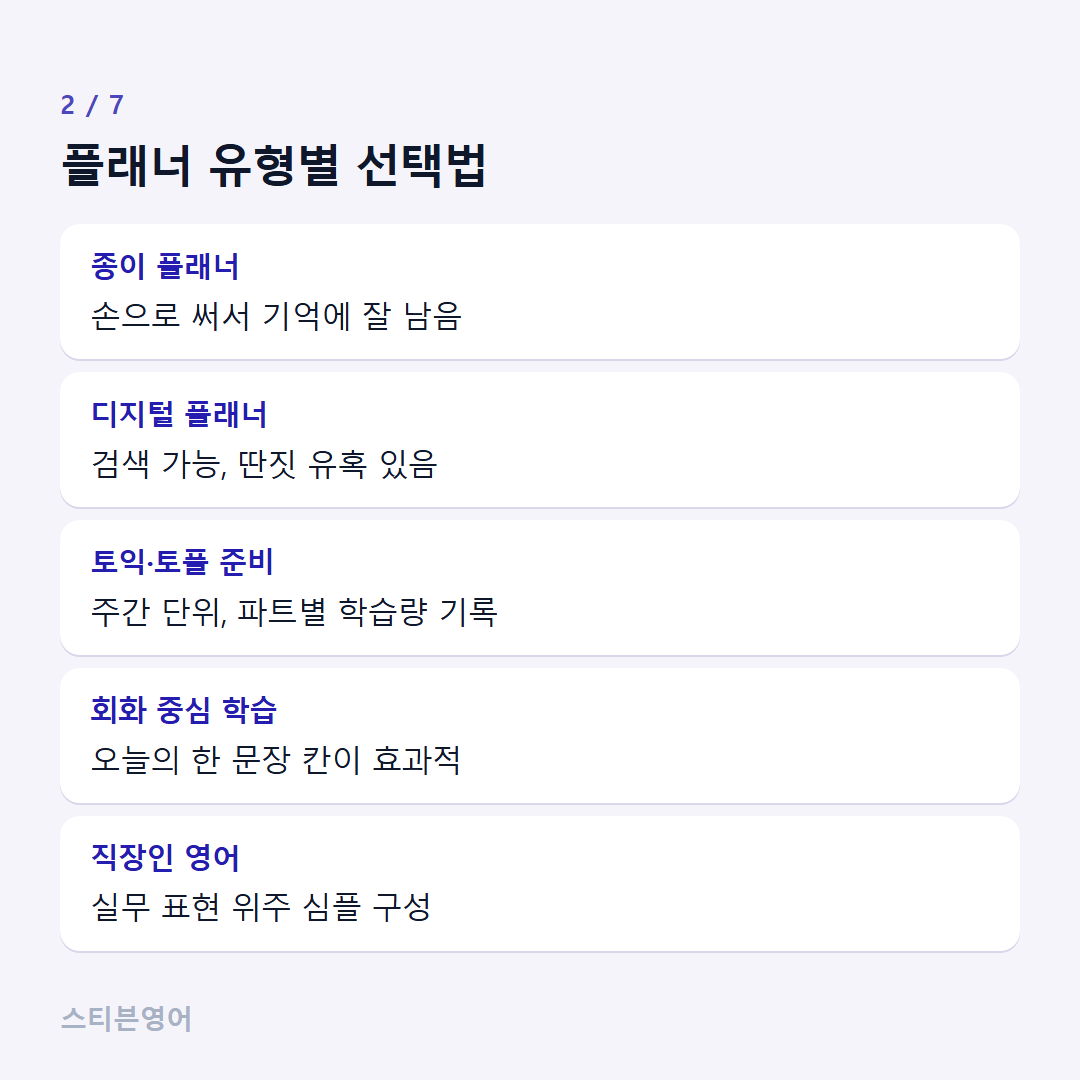 플래너 유형별 선택법 — 종이 플래너, 디지털 플래너, 토익·토플 준비, 회화 중심 학습, 직장인 영어