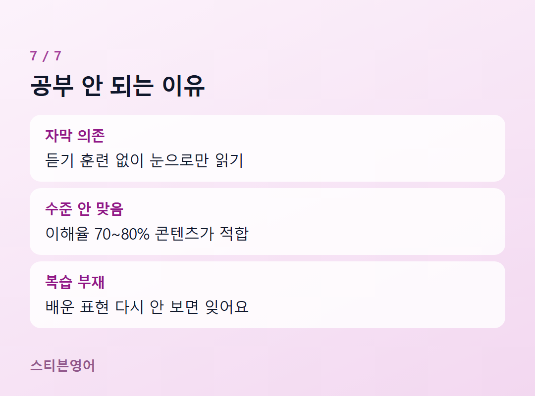 공부 안 되는 이유 — 자막 의존, 수준 안 맞음, 복습 부재