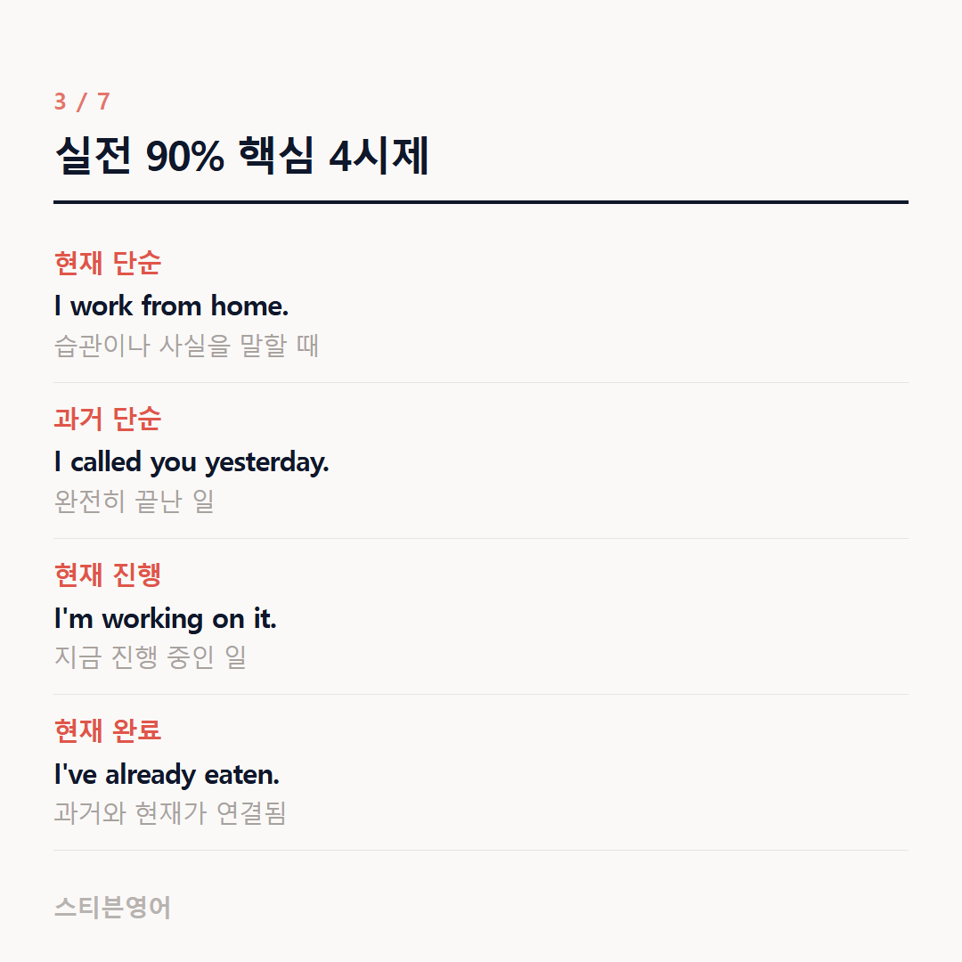실전 90% 핵심 4시제 — 현재 단순, 과거 단순, 현재 진행, 현재 완료