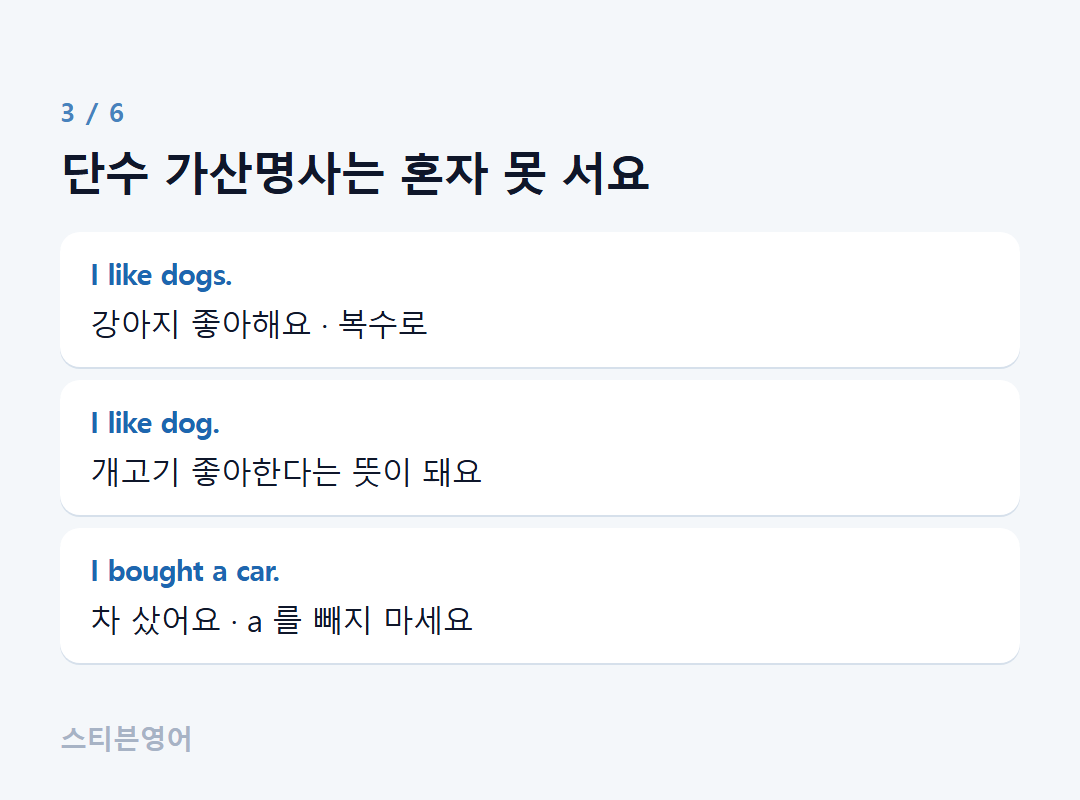 단수 가산명사는 혼자 못 서요 — I like dogs., I like dog., I bought a car.