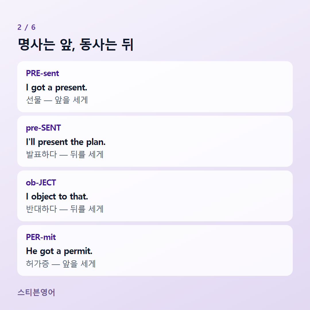 명사는 앞, 동사는 뒤 — PRE-sent, pre-SENT, ob-JECT, PER-mit
