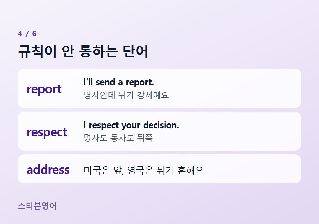 규칙이 안 통하는 단어 — report, respect, address