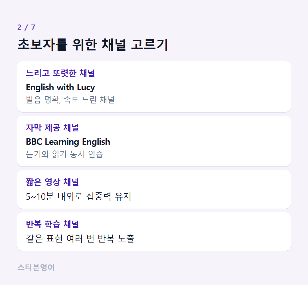 초보자를 위한 채널 고르기 — 느리고 또렷한 채널, 자막 제공 채널, 짧은 영상 채널, 반복 학습 채널