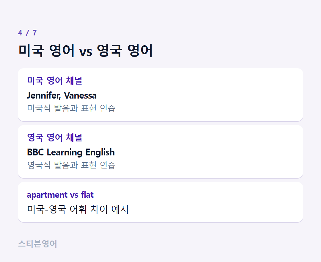 미국 영어 vs 영국 영어 — 미국 영어 채널, 영국 영어 채널, apartment vs flat