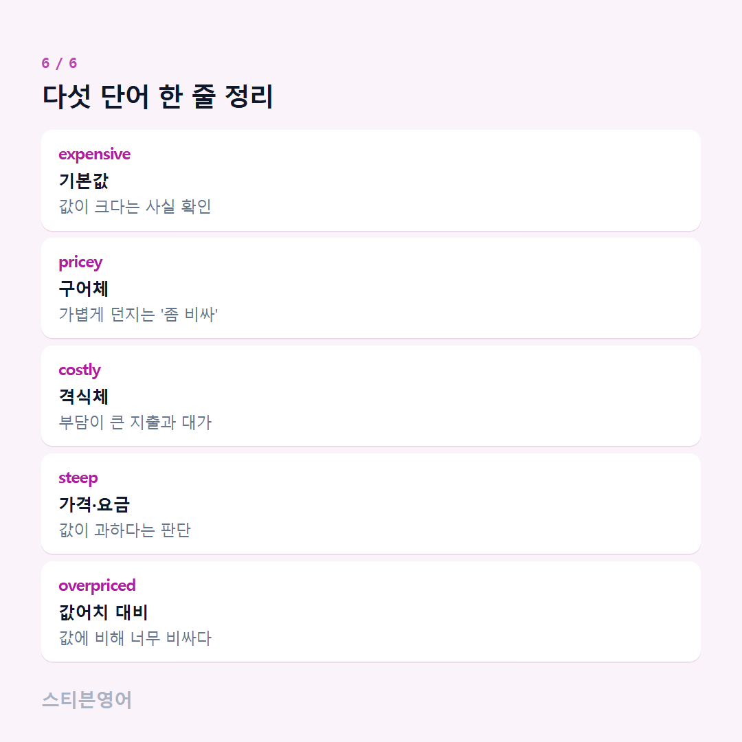 다섯 단어 한 줄 정리 — expensive, pricey, costly, steep, overpriced