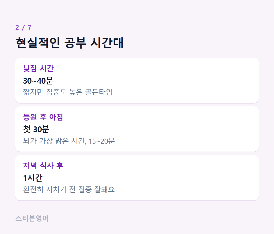 현실적인 공부 시간대 — 낮잠 시간, 등원 후 아침, 저녁 식사 후