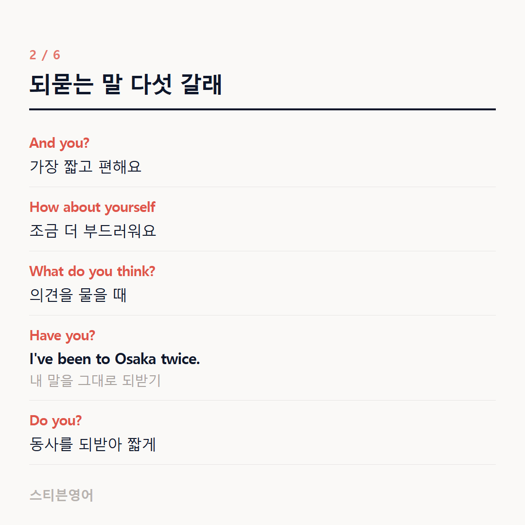 되묻는 말 다섯 갈래 — And you?, How about yourself, What do you think?, Have you?, Do you?