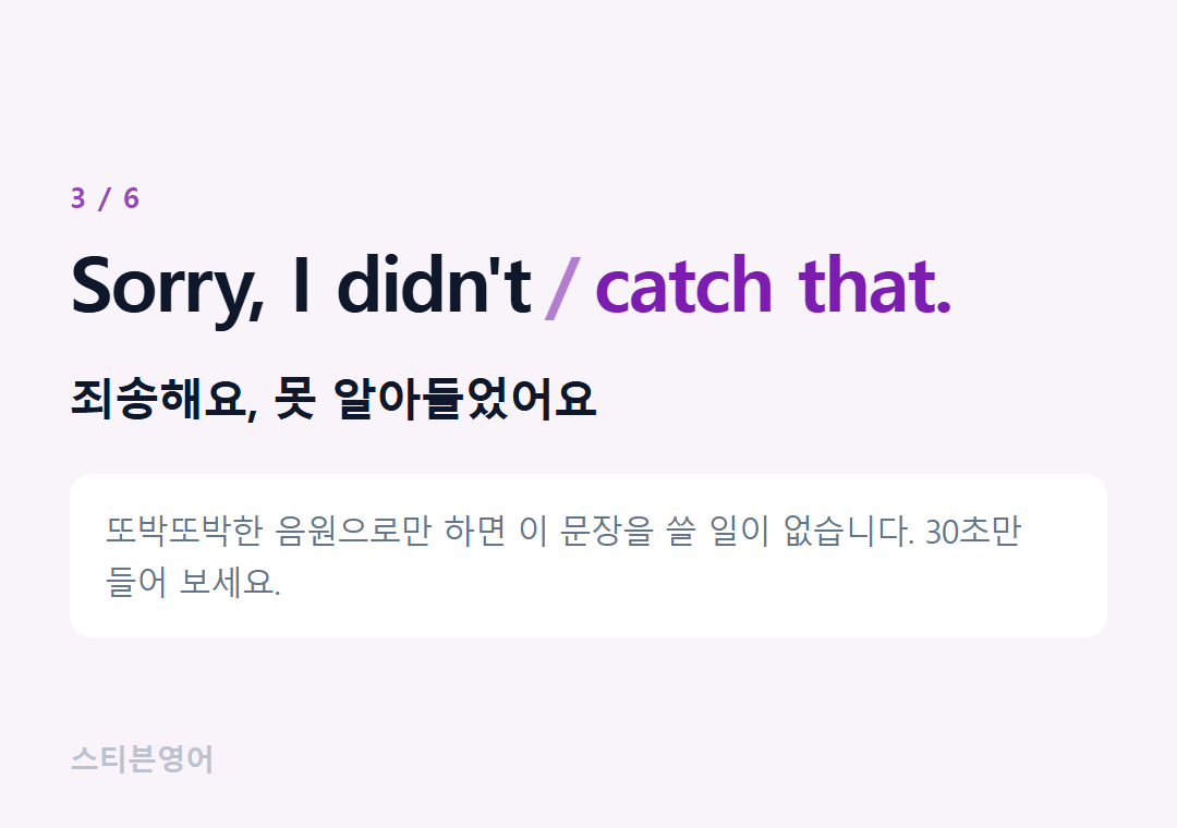 Sorry, I didn't catch that. — 죄송해요, 못 알아들었어요