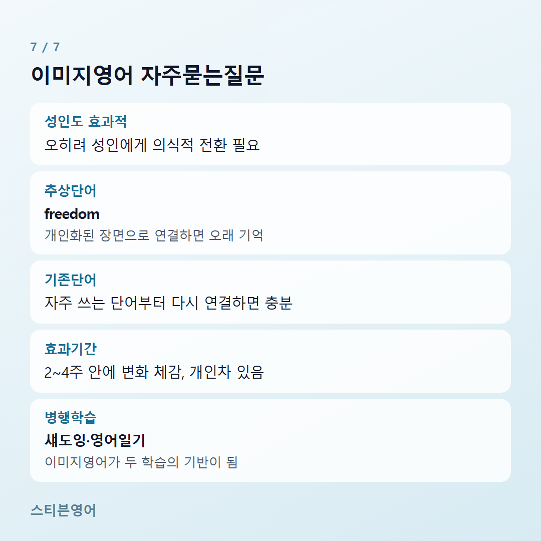 이미지영어 자주묻는질문 — 성인도 효과적, 추상단어, 기존단어, 효과기간, 병행학습
