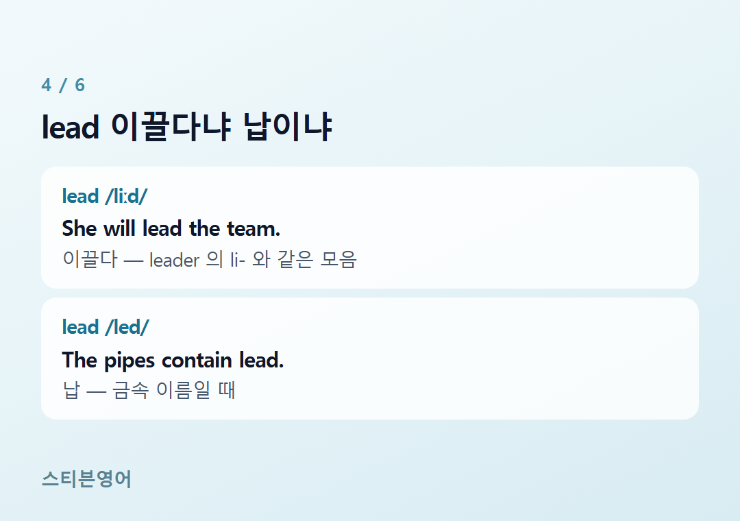 lead 이끌다냐 납이냐 — lead /liːd/, lead /led/