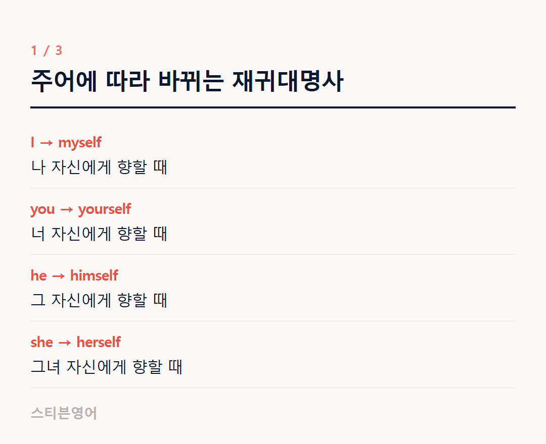 주어에 따라 바뀌는 재귀대명사 — I → myself, you → yourself, he → himself, she → herself