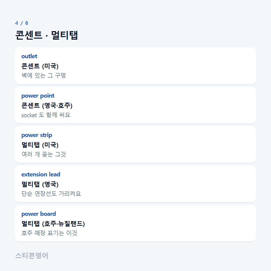 콘센트 · 멀티탭 — outlet, power point, power strip, extension lead, power board