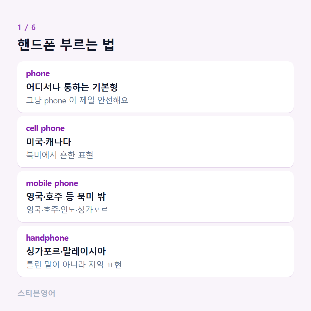 핸드폰 부르는 법 — phone, cell phone, mobile phone, handphone