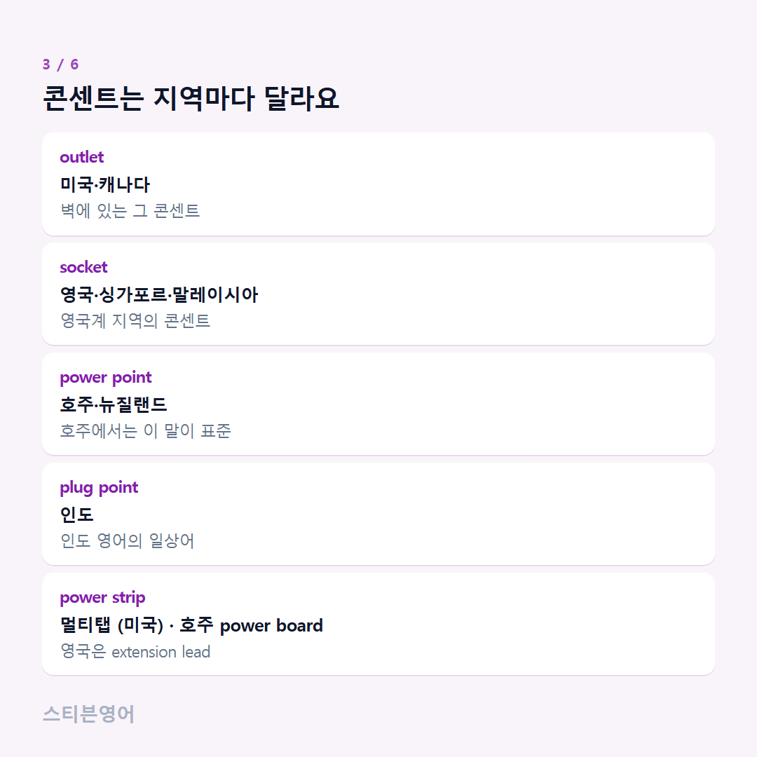 콘센트는 지역마다 달라요 — outlet, socket, power point, plug point, power strip