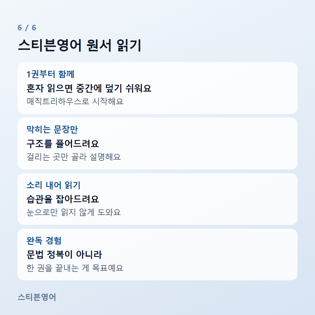 스티븐영어 원서 읽기 — 1권부터 함께, 막히는 문장만, 소리 내어 읽기, 완독 경험