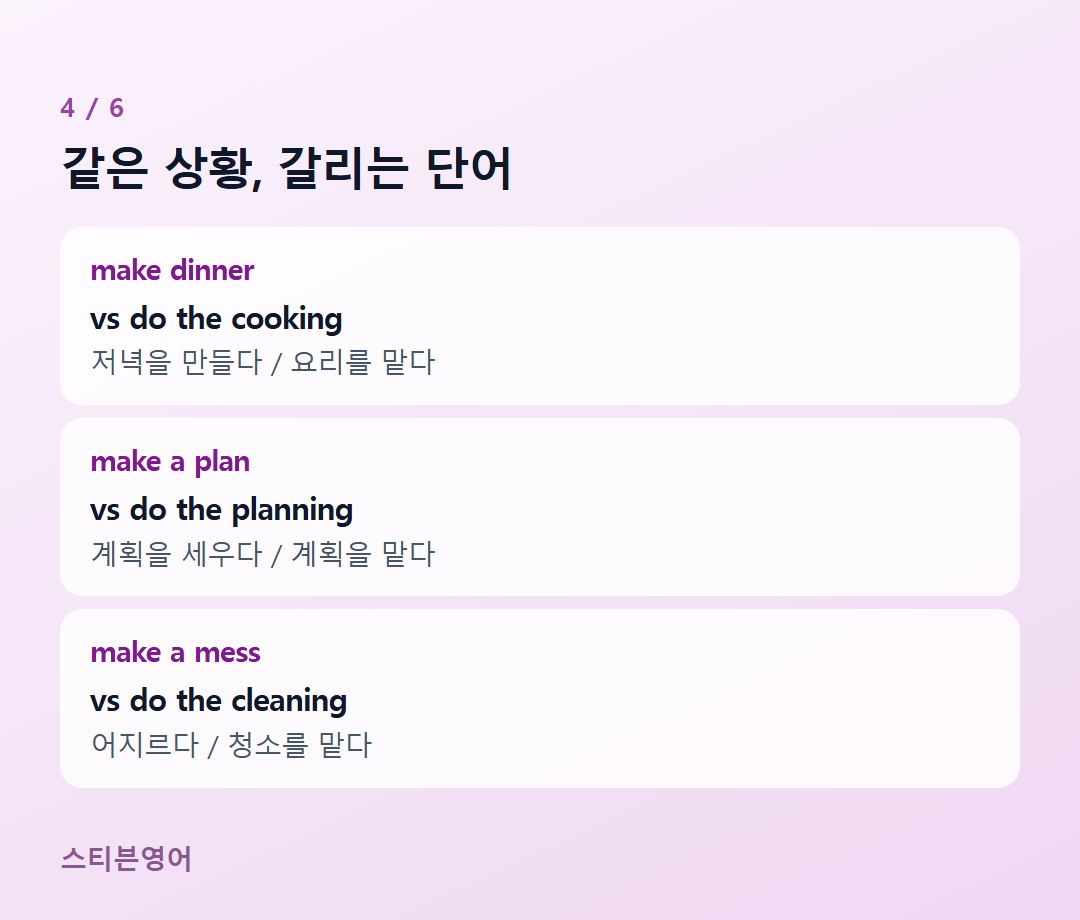 같은 상황, 갈리는 단어 — make dinner, make a plan, make a mess