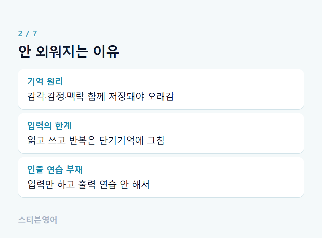안 외워지는 이유 — 기억 원리, 입력의 한계, 인출 연습 부재