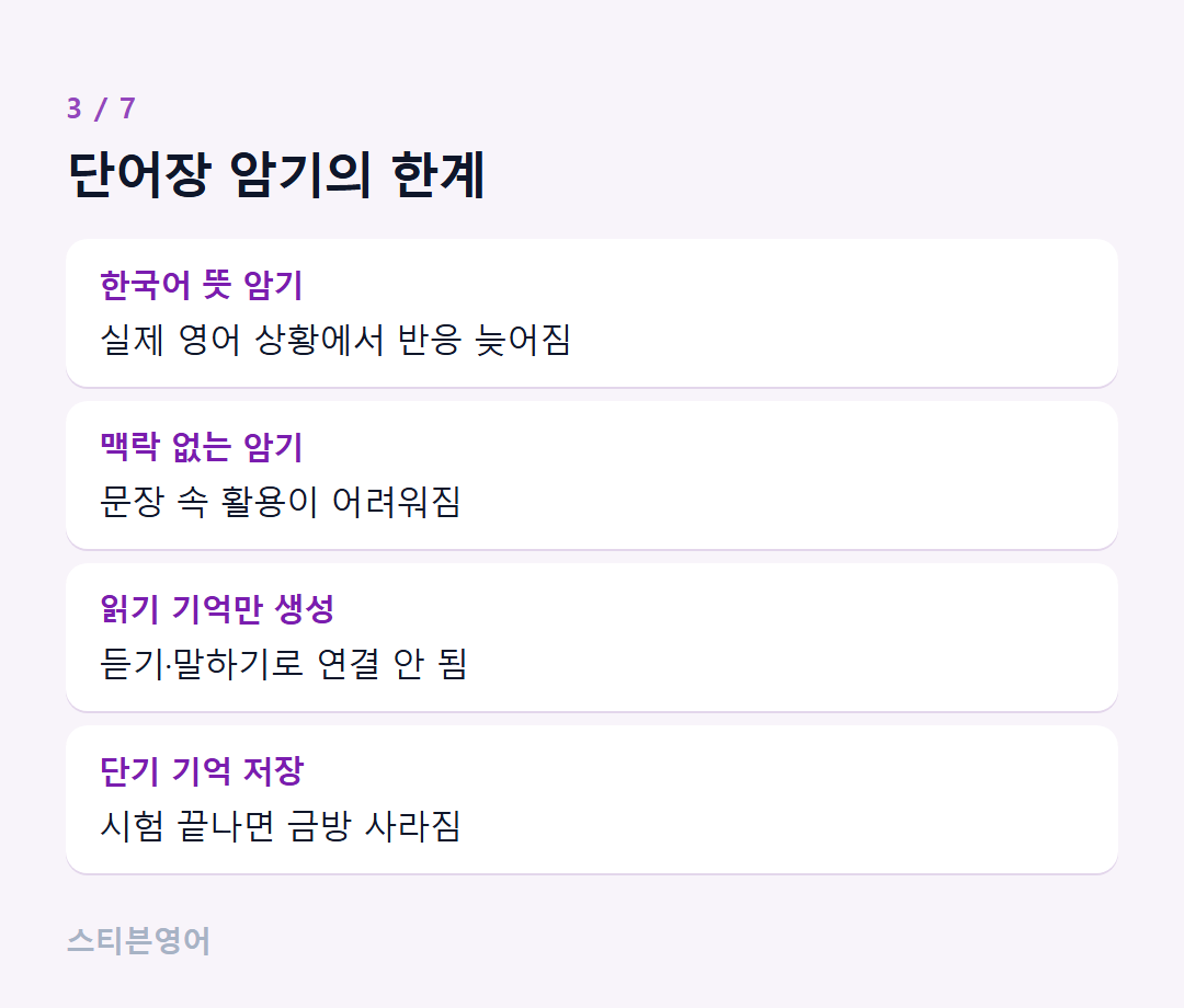 단어장 암기의 한계 — 한국어 뜻 암기, 맥락 없는 암기, 읽기 기억만 생성, 단기 기억 저장