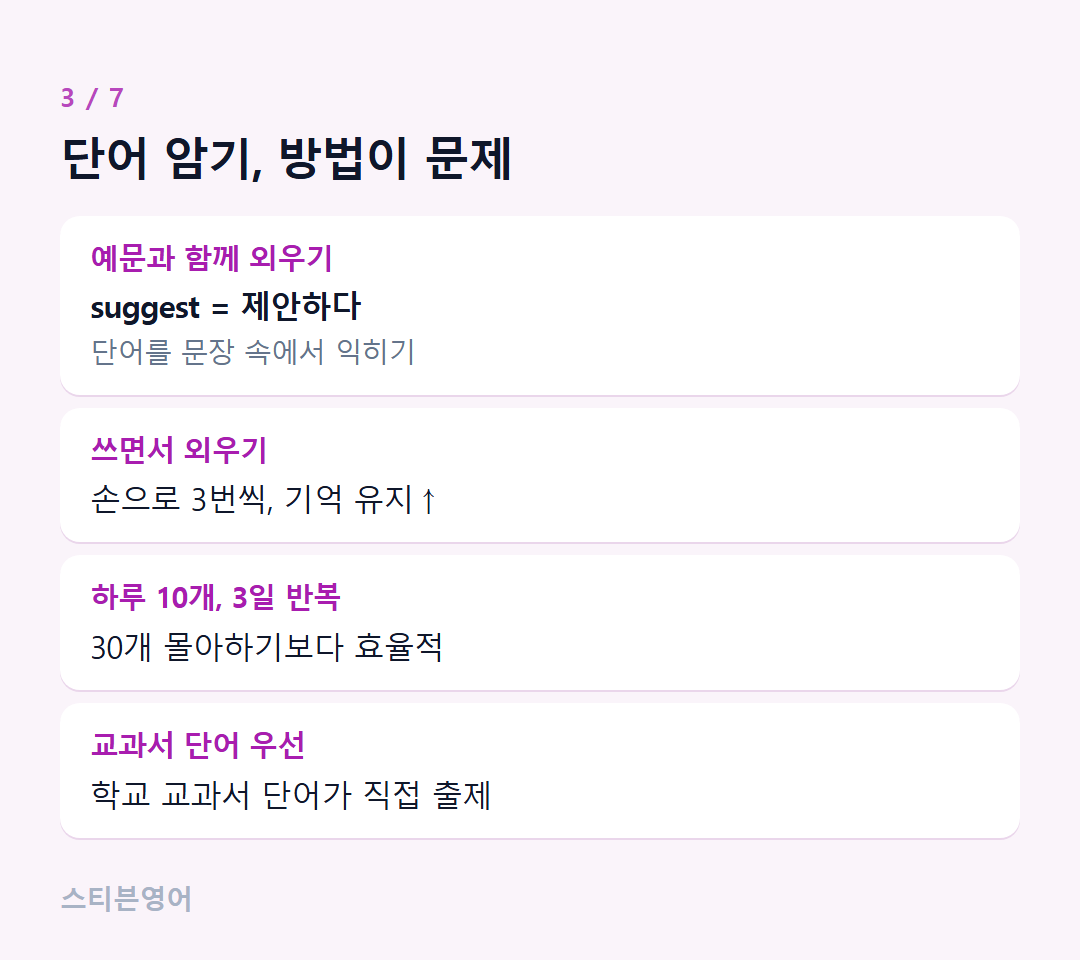 단어 암기, 방법이 문제 — 예문과 함께 외우기, 쓰면서 외우기, 하루 10개, 3일 반복, 교과서 단어 우선