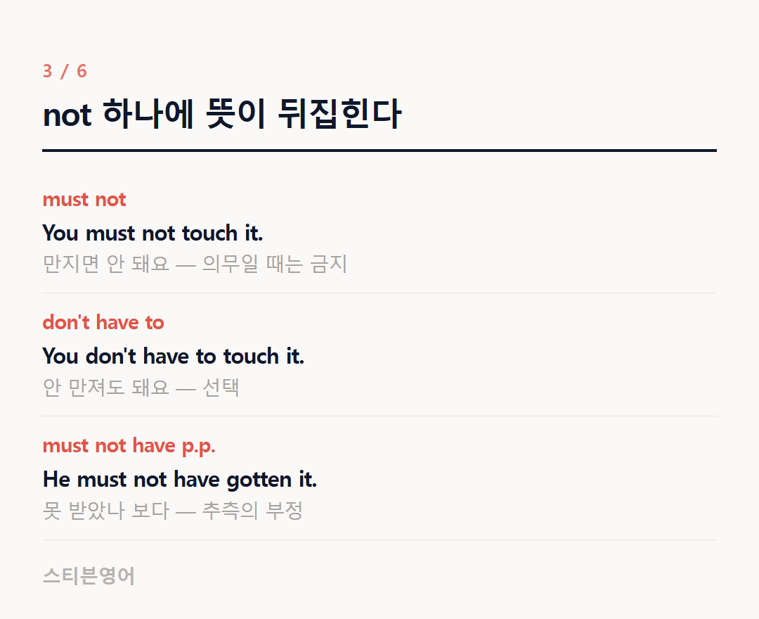 not 하나에 뜻이 뒤집힌다 — must not, don't have to, must not have p.p.