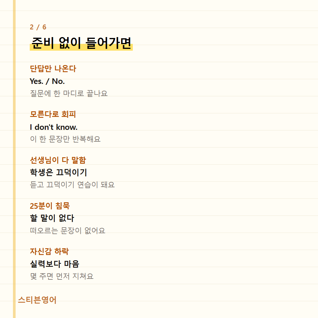 준비 없이 들어가면 — 단답만 나온다, 모른다로 회피, 선생님이 다 말함, 25분이 침묵, 자신감 하락