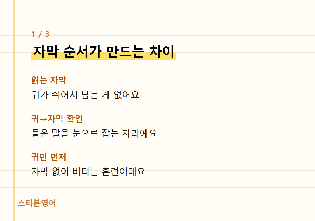 자막 순서가 만드는 차이 — 읽는 자막, 귀→자막 확인, 귀만 먼저