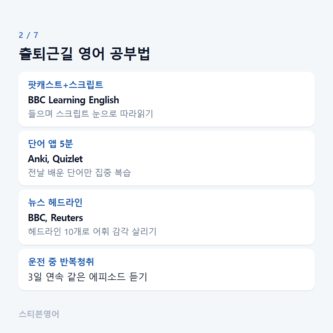 출퇴근길 영어 공부법 — 팟캐스트+스크립트, 단어 앱 5분, 뉴스 헤드라인, 운전 중 반복청취