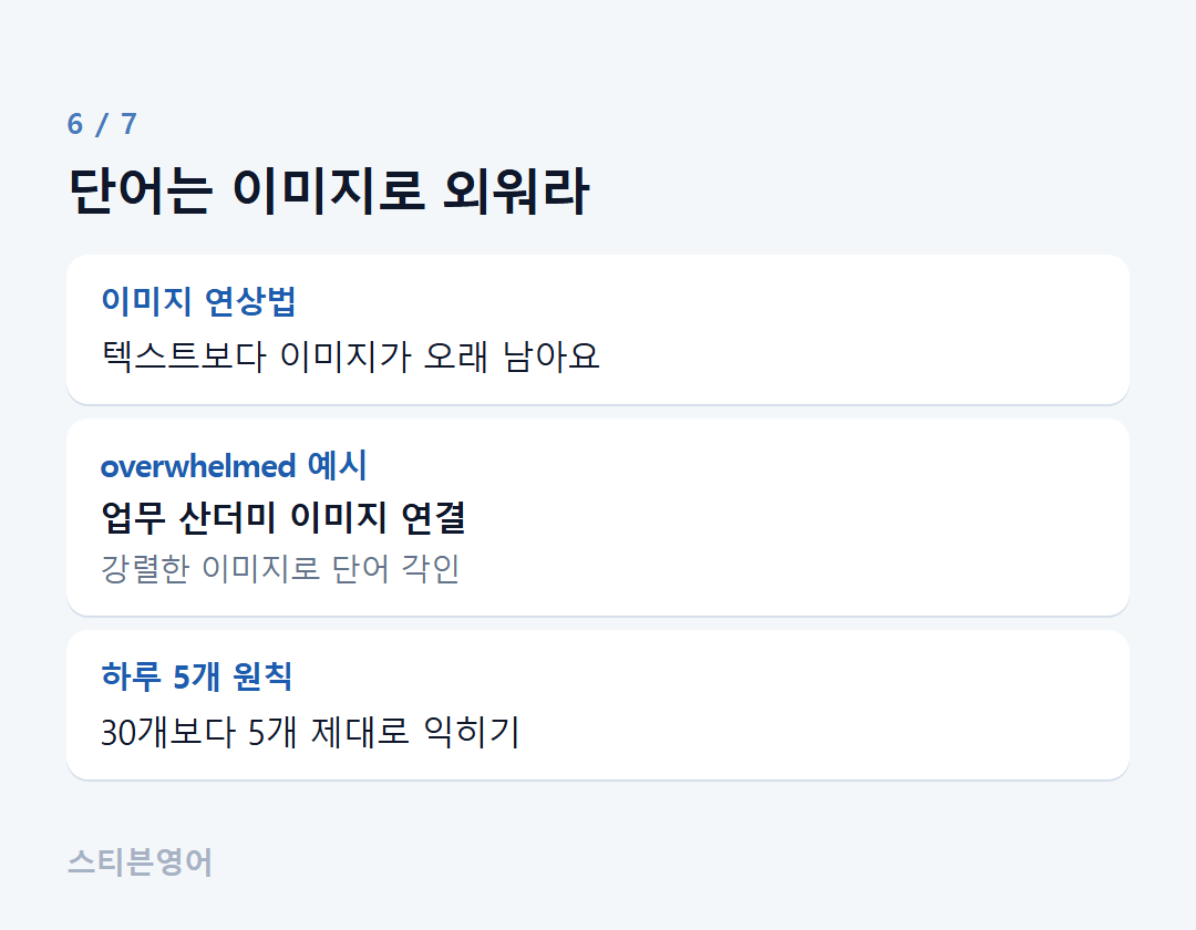 단어는 이미지로 외워라 — 이미지 연상법, overwhelmed 예시, 하루 5개 원칙