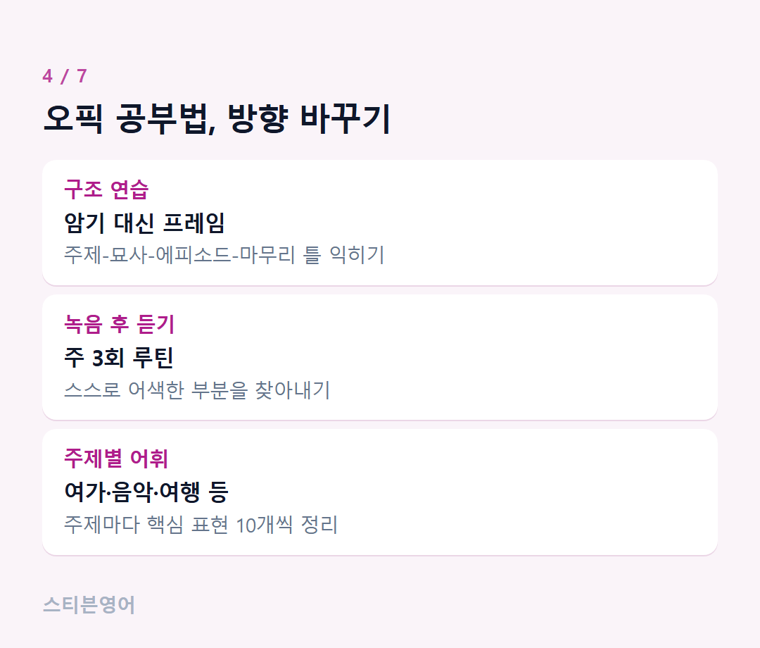 오픽 공부법, 방향 바꾸기 — 구조 연습, 녹음 후 듣기, 주제별 어휘