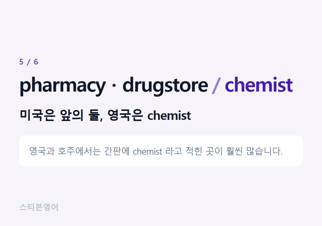 pharmacy · drugstore chemist — 미국은 앞의 둘, 영국은 chemist