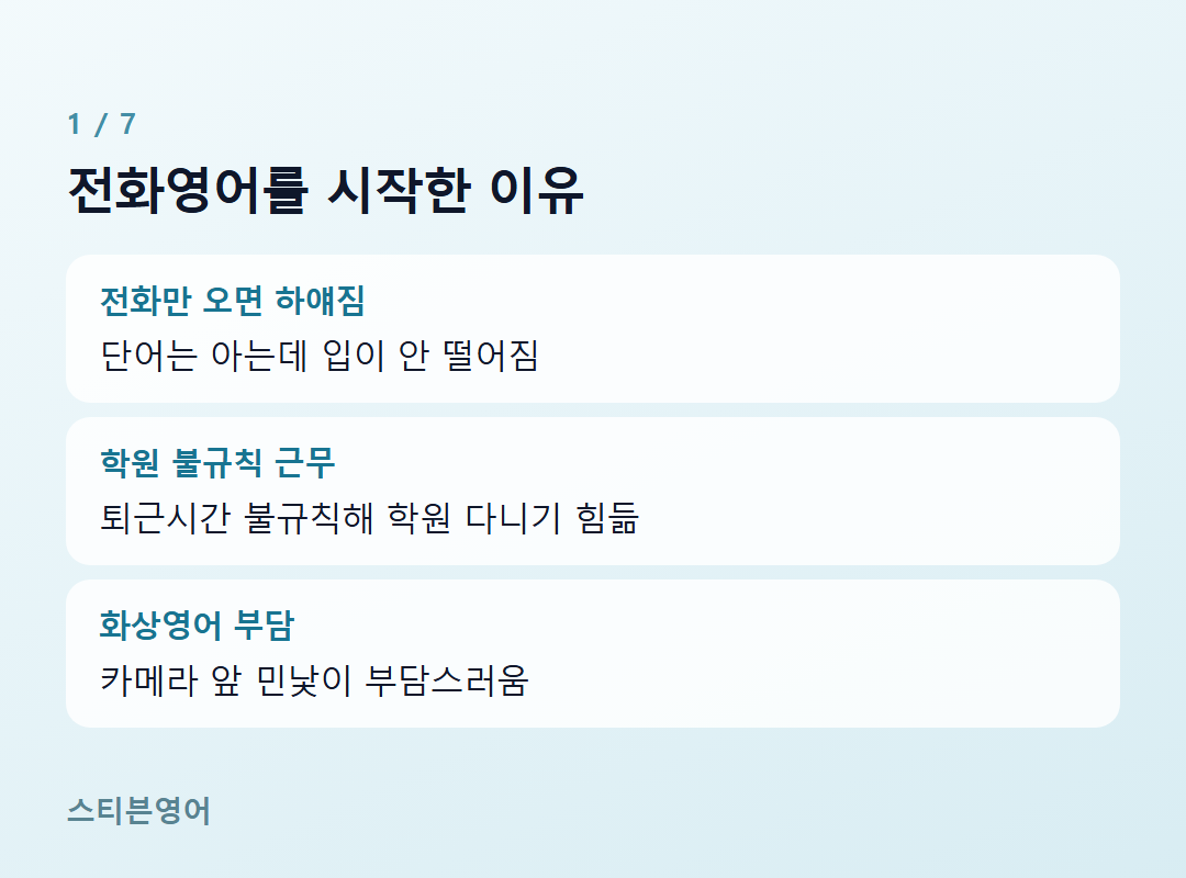 전화영어를 시작한 이유 — 전화만 오면 하얘짐, 학원 불규칙 근무, 화상영어 부담