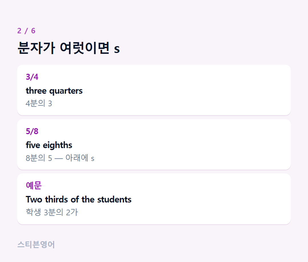 분자가 여럿이면 s — 3/4, 5/8, 예문