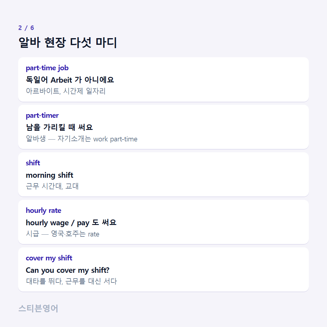 알바 현장 다섯 마디 — part-time job, part-timer, shift, hourly rate, cover my shift