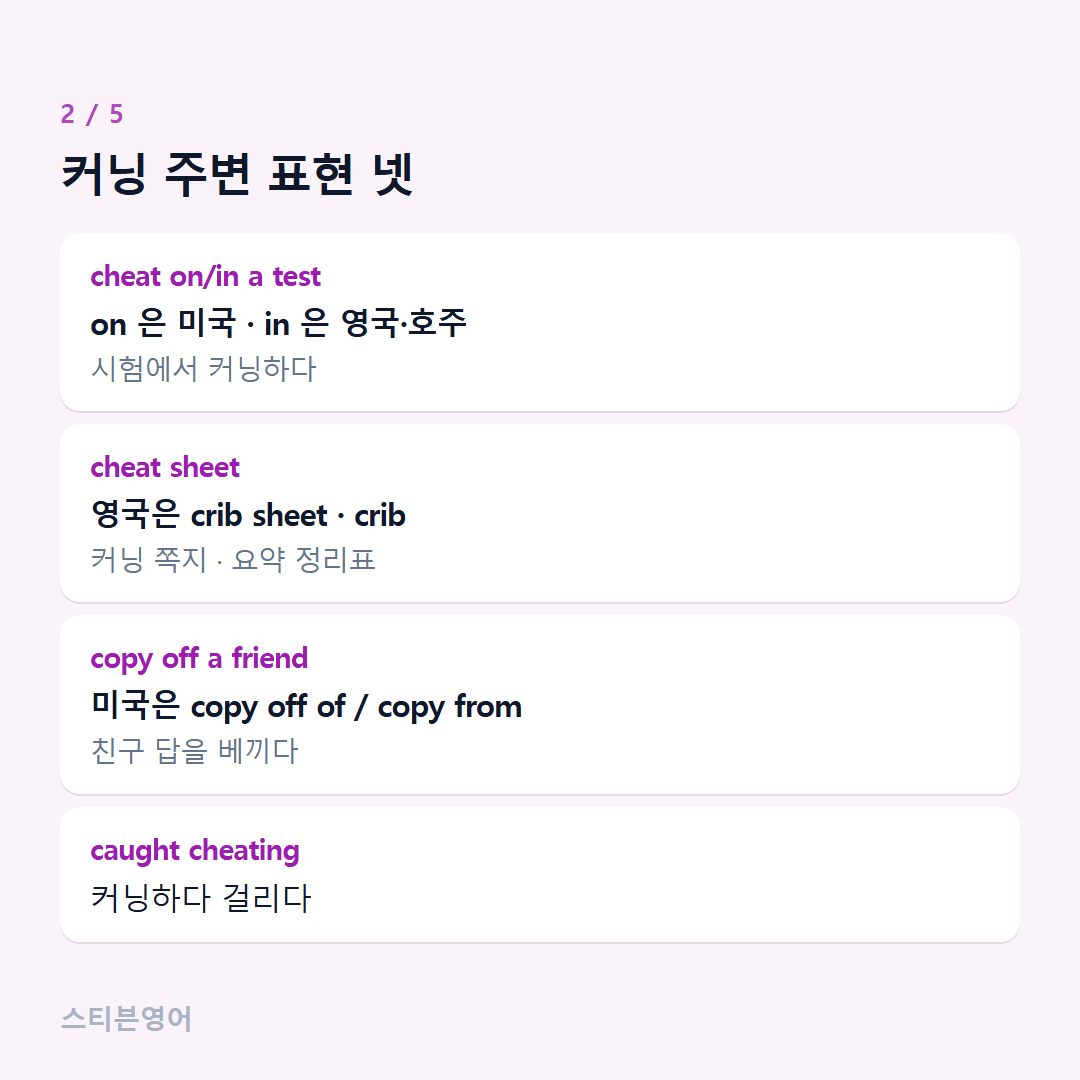커닝 주변 표현 넷 — cheat on/in a test, cheat sheet, copy off a friend, caught cheating