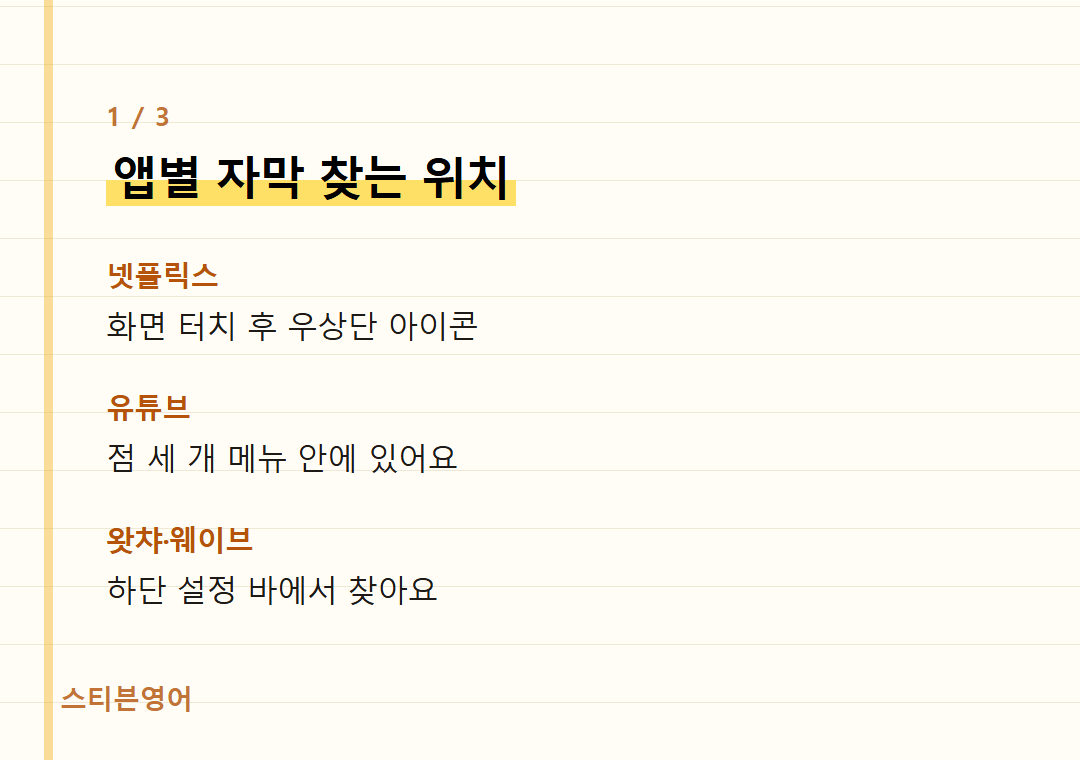 앱별 자막 찾는 위치 — 넷플릭스, 유튜브, 왓챠·웨이브