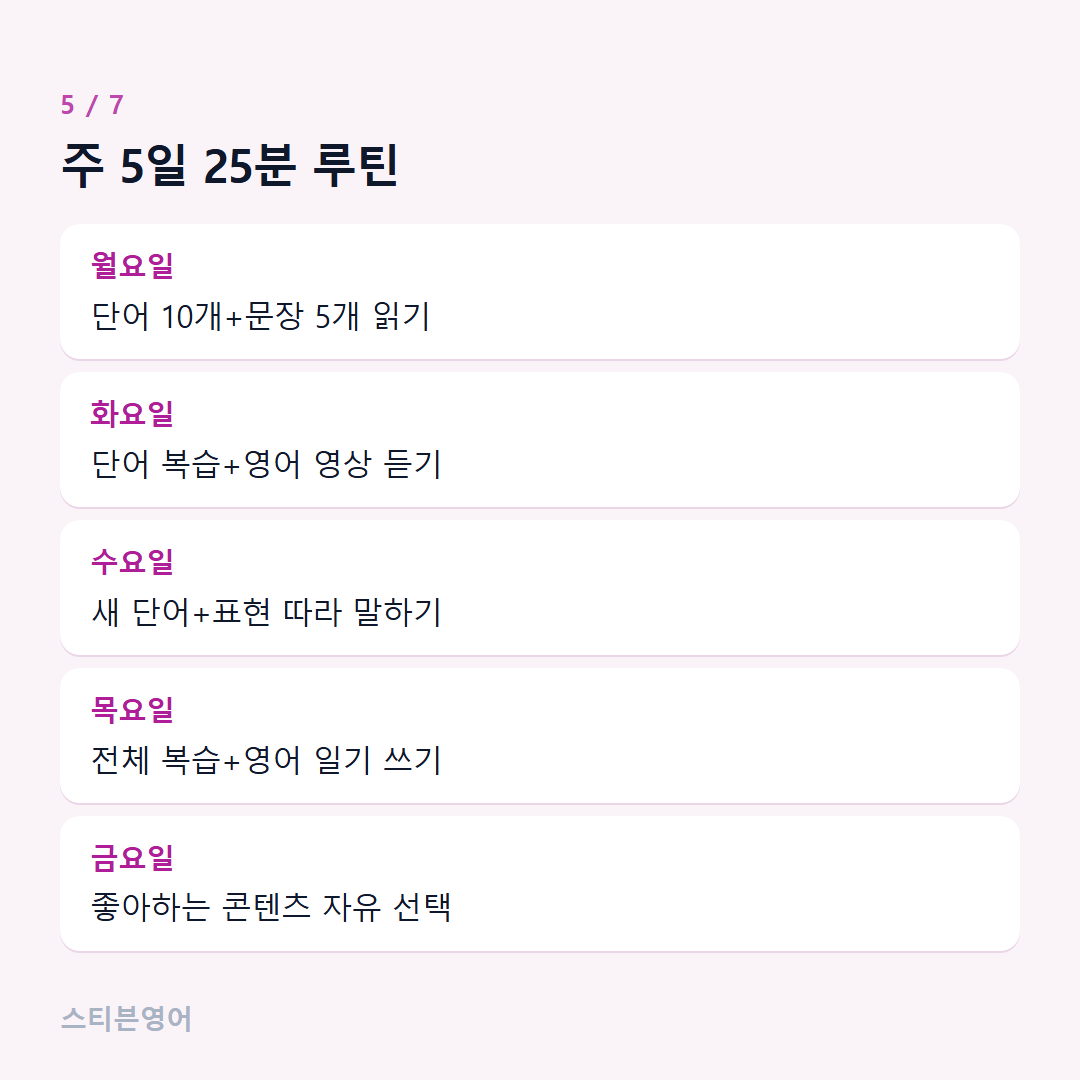 주 5일 25분 루틴 — 월요일, 화요일, 수요일, 목요일, 금요일