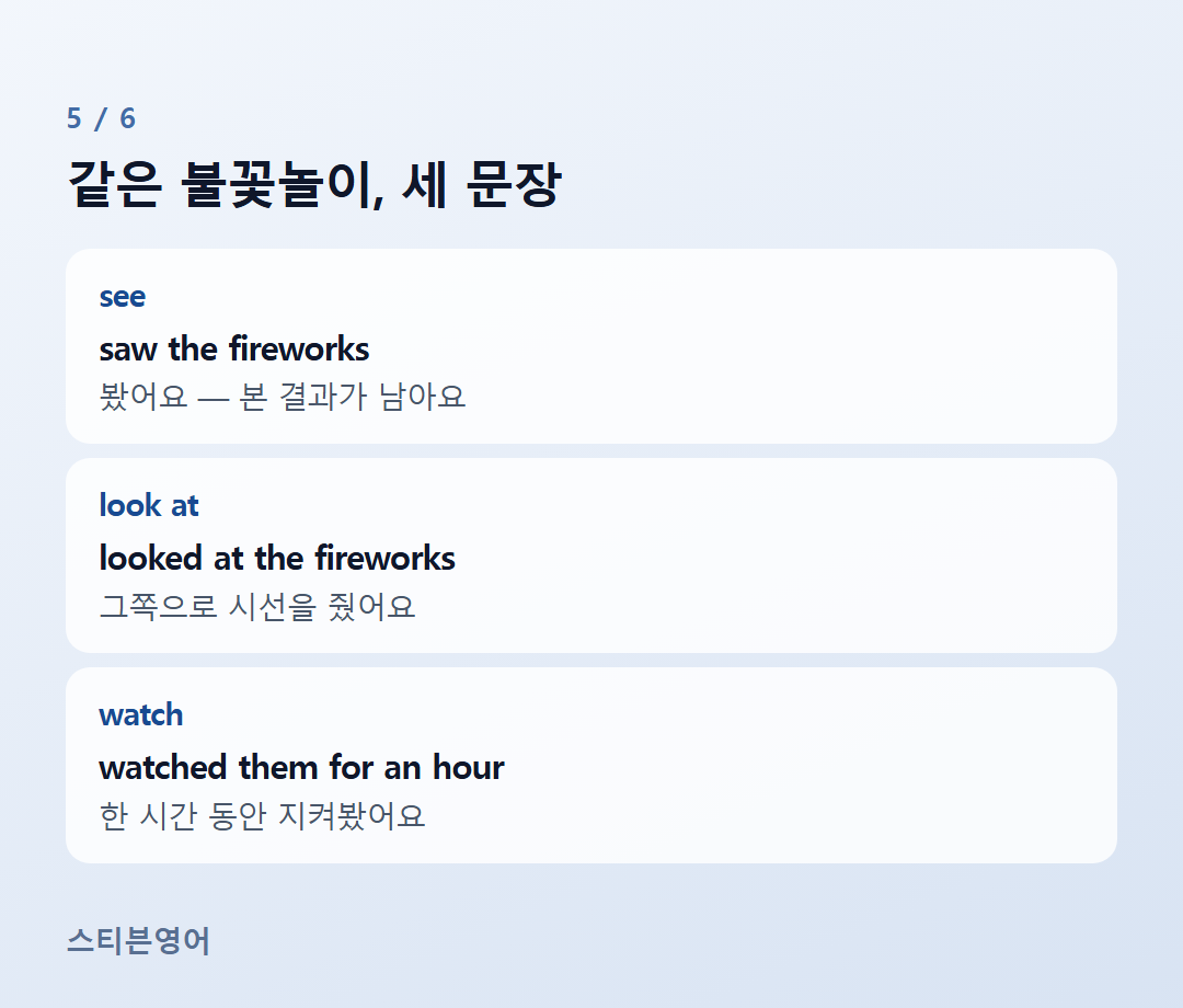 같은 불꽃놀이, 세 문장 — see, look at, watch