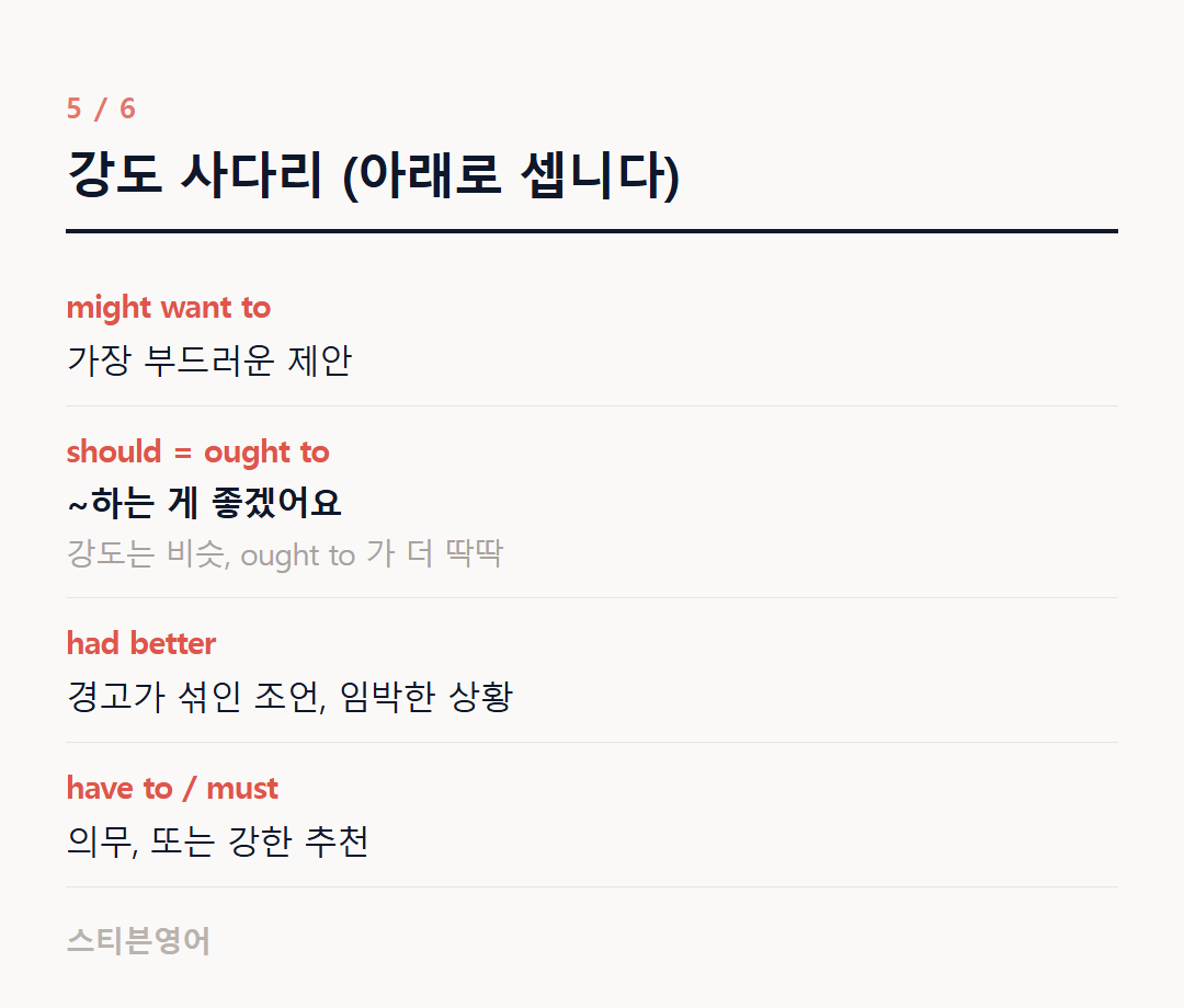 강도 사다리 (아래로 셉니다) — might want to, should = ought to, had better, have to / must