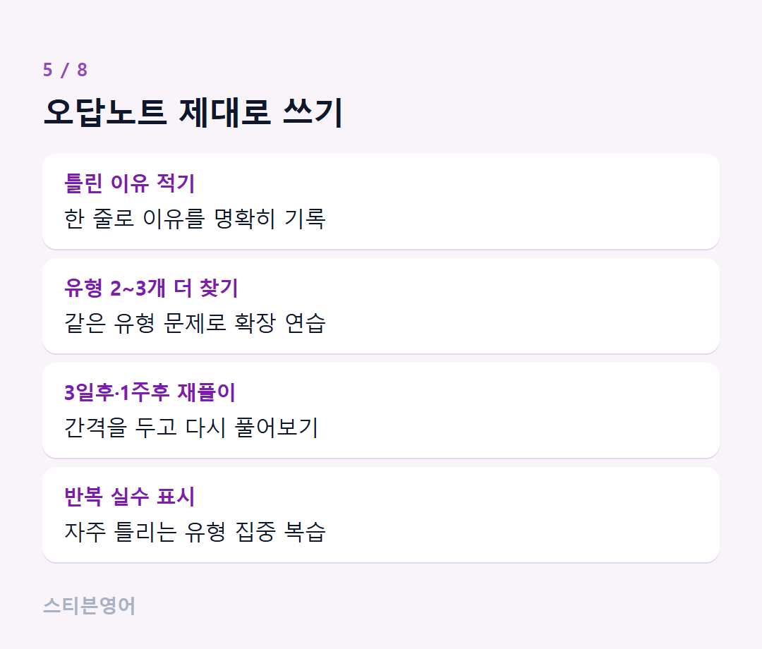 오답노트 제대로 쓰기 — 틀린 이유 적기, 유형 2~3개 더 찾기, 3일후·1주후 재풀이, 반복 실수 표시